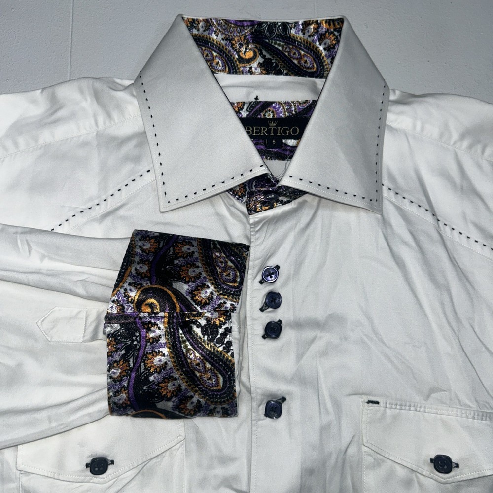 Bertigo White Button Up Multicolored Paisley Flip Cuff Men Size 6 Purple Buttons