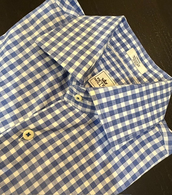 Peter Millar Button Down Shirt Small Blue White Gingham Cotton Dress Shirt