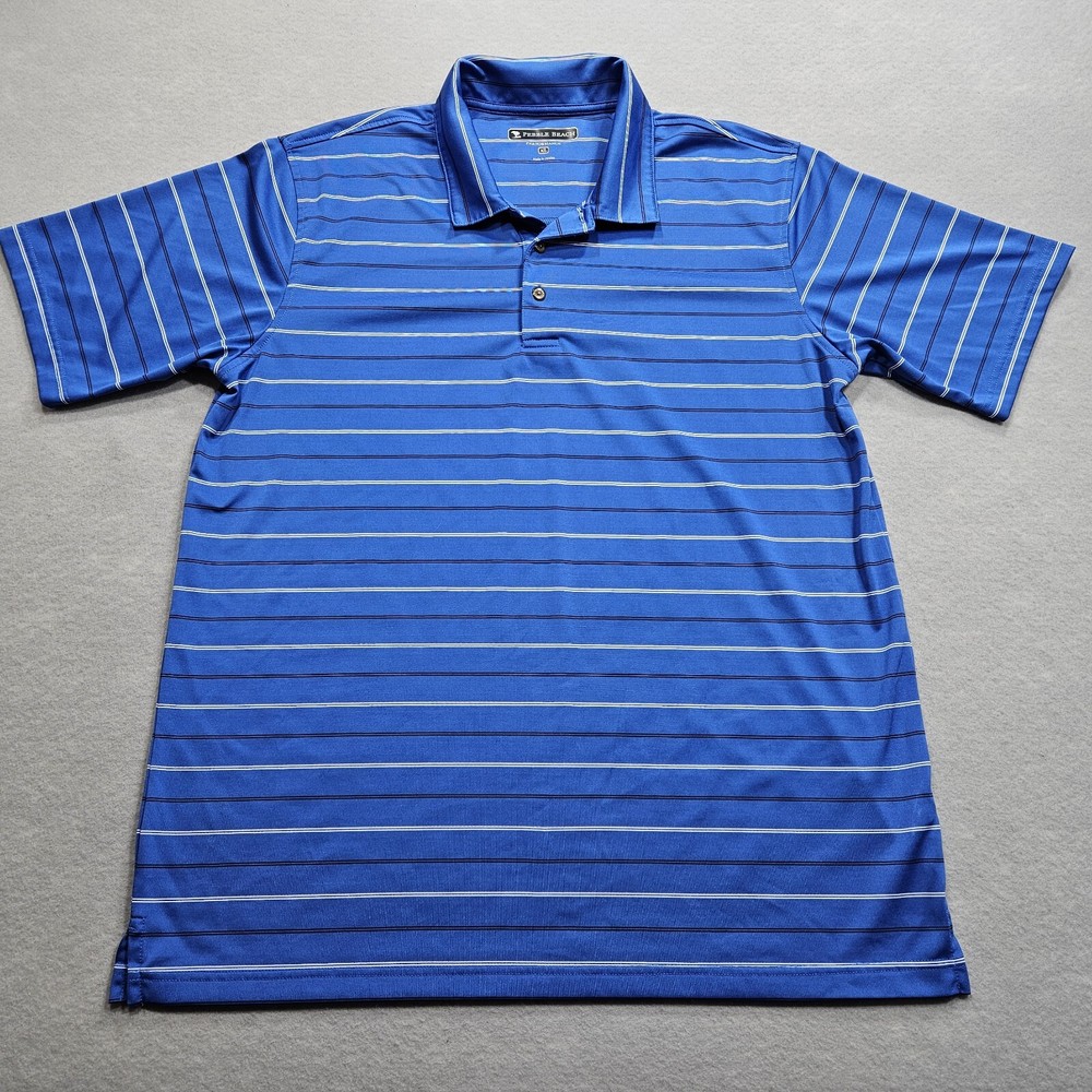 Pebble Beach Performance Golf Polo Shirt Mens XL Blue Horizontal Stripe