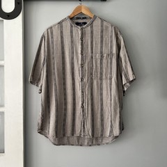 VTG Nino Cerruti Sport Striped Button Up SS Shirt Mens XL Blue/Tan Banded Collar