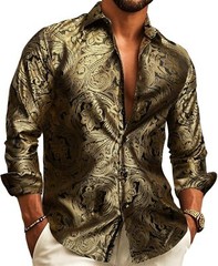 Mens Silk Paisley Western Shirt Long Sleeve Button Down Cowboy Dress Top Casual