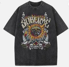 Vintage Sun Pattern Acid Wash Oversized T Shirt for Men and Women Heavyweight