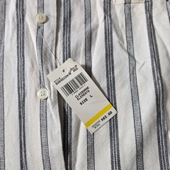 Claiborne Elements Mens L Button Down Shirt Cream Striped Long Sleeve Flap Pockt