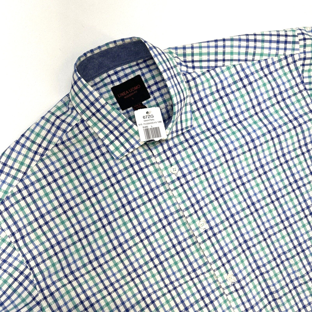 Linea Uomo Gingham button Up Short Sleeve Shirt Men’s L Navy/Teal NWT