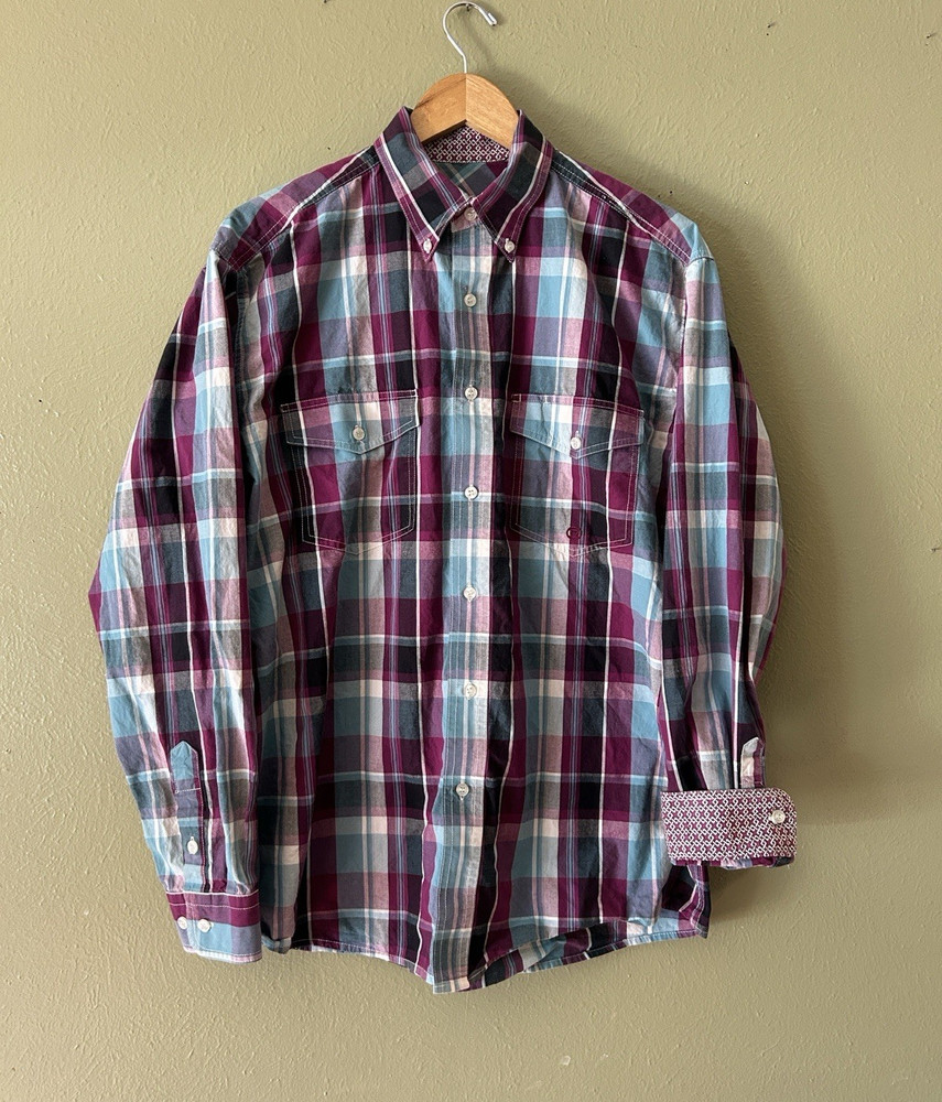Roper Men’s Plaid Western Button Down purple a blue contrast cuff M Pointed yoke