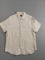 J Crew Men Shirt M Beige Stripe Button Up Short Sleeve Chest Pocket 100% Cotton