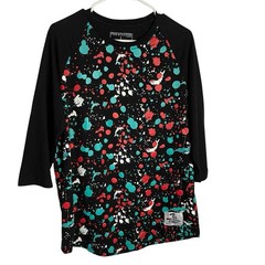 Pink Dolphin Paint Splatter Raglan Tee T-Shirt Size L Black Aqua Crop Sleeve
