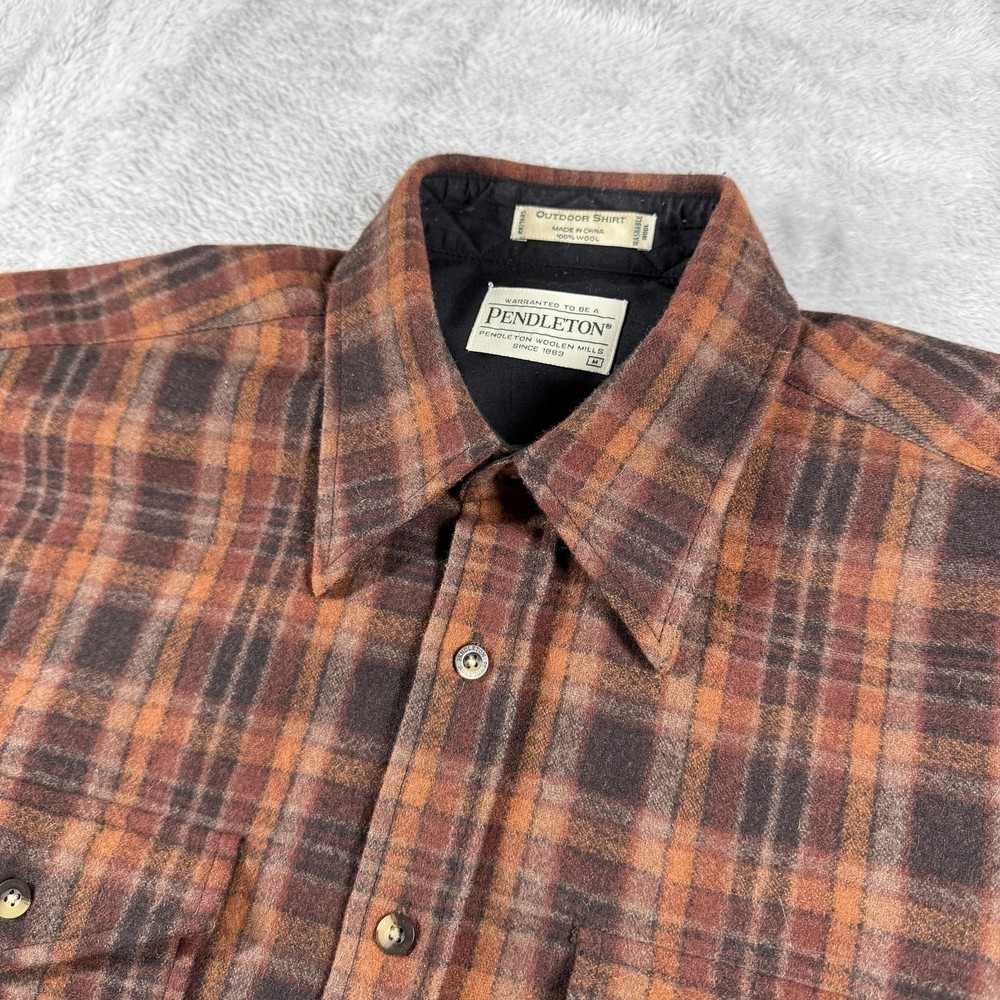 Pendleton Shirt Mens Medium Brown Plaid Wool Flannel Outdoor Dagger Collar Work