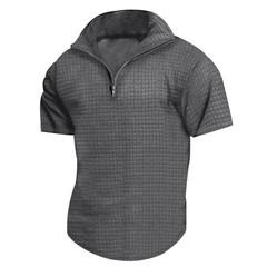 Solid color zip-up small checkered summer breathable Polo shirt men’s T-shirt