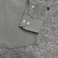 ROWM Men Large Long Sleeve Button Down Shirt Olive Green Navy Check Plaid Cotton