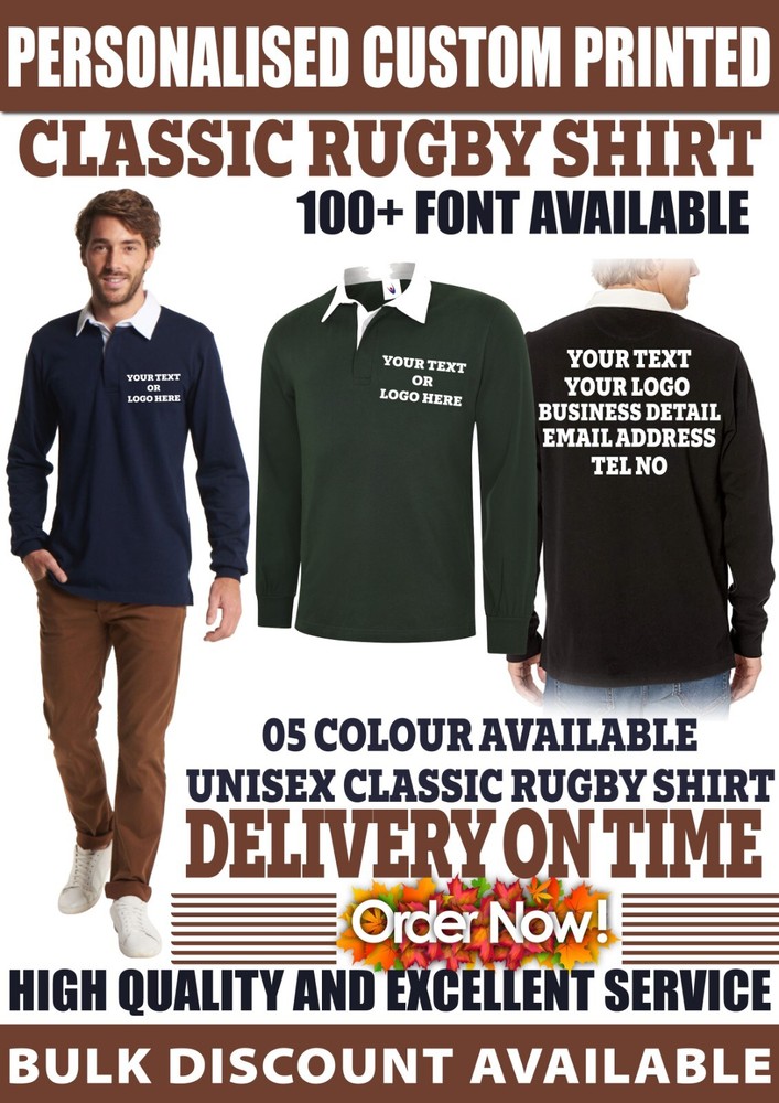 Personalised custom printed text logo Long Sleeve Classic Rugby Shirt Sports