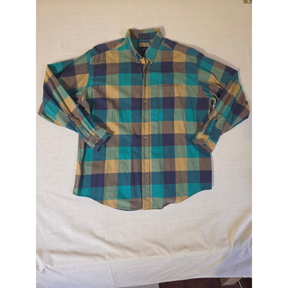 90s Plaid Flannel Button Down Shirt Made in USA XL Teal Purple Grunge Rugged