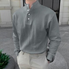 Men Button High Neck Stand Collar Solid Blouse Long Sleeve Top Cotton Shirt