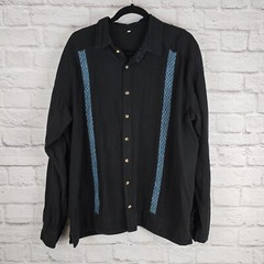 Handmade Button-Up Shirt Black with Blue Embroidery Size XL Boho Casual