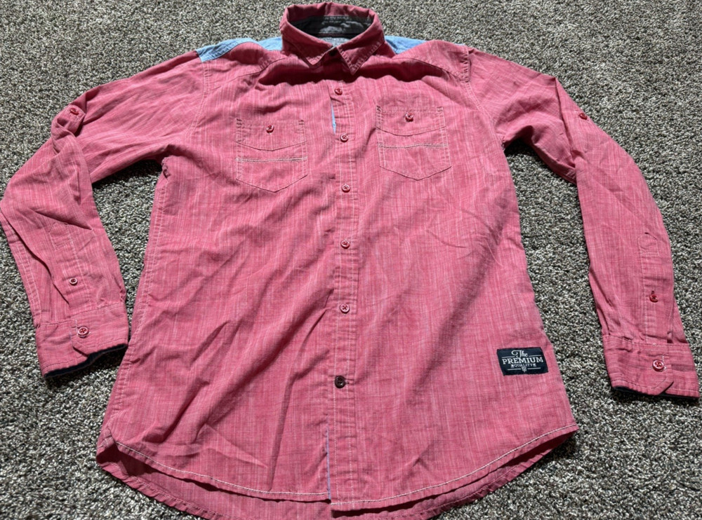 Tranquility Mayhem Mens Button Down Shirt Long Sleeve Medium Heather Red Blue