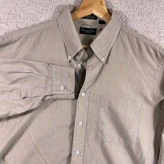 Vintage Christian Dior Monsieur Dress Shirt Mens 16.5 32-33 Beige Designer Plaid