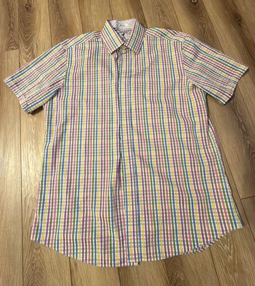 Bugatchi Men’s Multicolor Striped Shaped Fit Short Sleeve Button-Down Shirt
