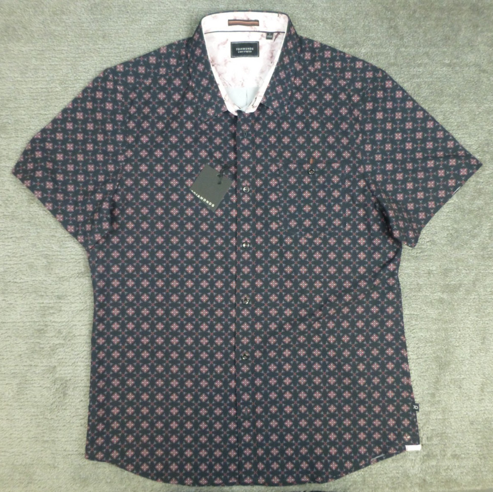 7 Diamonds Button Up Men’s Size Large 4 Way Stretch Black Geometric AOP NWT