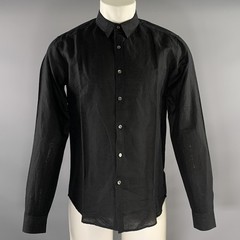 THEORY Size M Black Solid Linen Cotton Wool Pointed Collar Long Sleeve Shirt