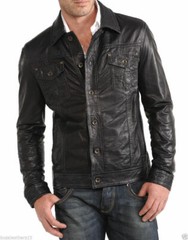 Men’s Buttoned Front Real Leather Shirt Bikers Full Sleeves Leather Black Shirt