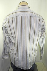 Bugatchi Uomo Cotton White Black Grey Tan Striped Dress Shirt – Men’s Size Large
