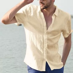 Men’s Summer Cotton Linen Short Sleeve Shirt Casual Solid Button-Down M-3XL