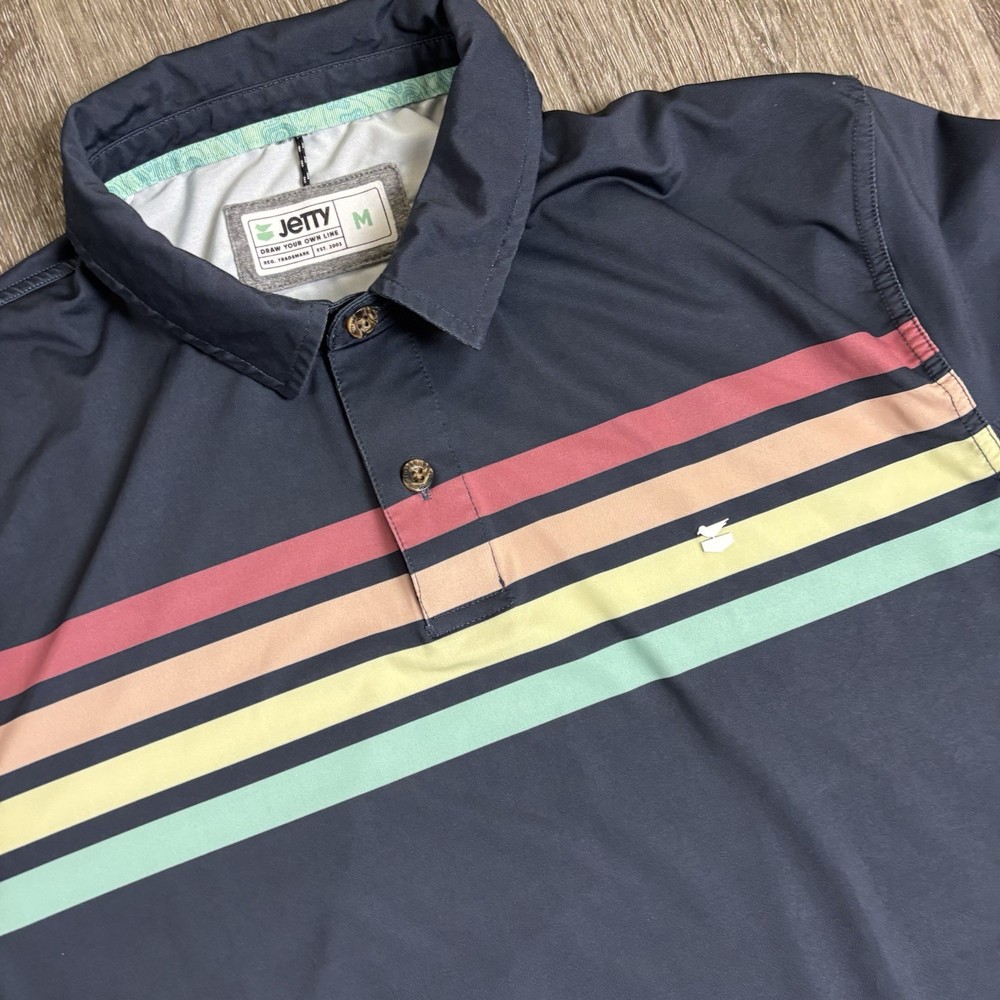 Jetty Bunker Golf Performance Polo Surf Mens M Stretch UV Blue Stripes EUC
