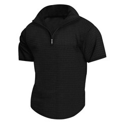 Solid color zip-up small checkered summer breathable Polo shirt men’s T-shirt