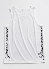 Men’s White Knit Mesh Tank T-Shirt L Spandex Crew Neck “Perseverance” Logo