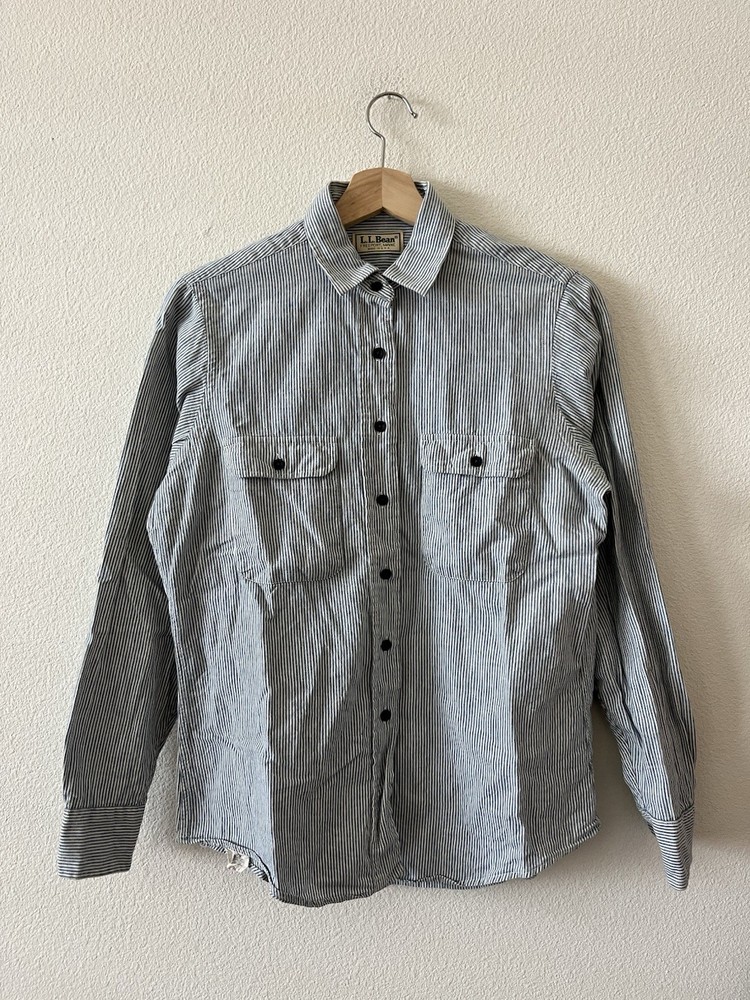 VTG LL Bean Blue White Hickory Stripe Work Shirt M