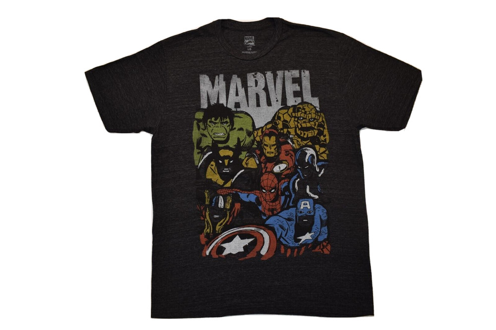 Marvel Comics Mens Hero Group Hulk, Thing, Iron Man Charcoal Heather Shirt New L