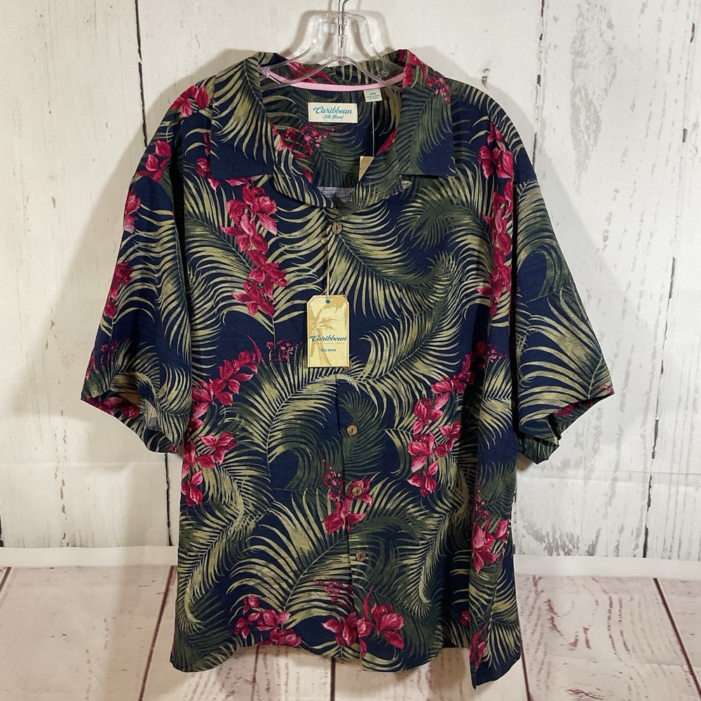 Caribbean Silk Blend Hawaiian Shirt Men 2XB Big Blue Camp Cruise Resort Tropical