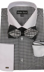 Men’s Checked Dress Shirt /w Bowtie & Flower-Hanky French Cuff by Fortino Landi