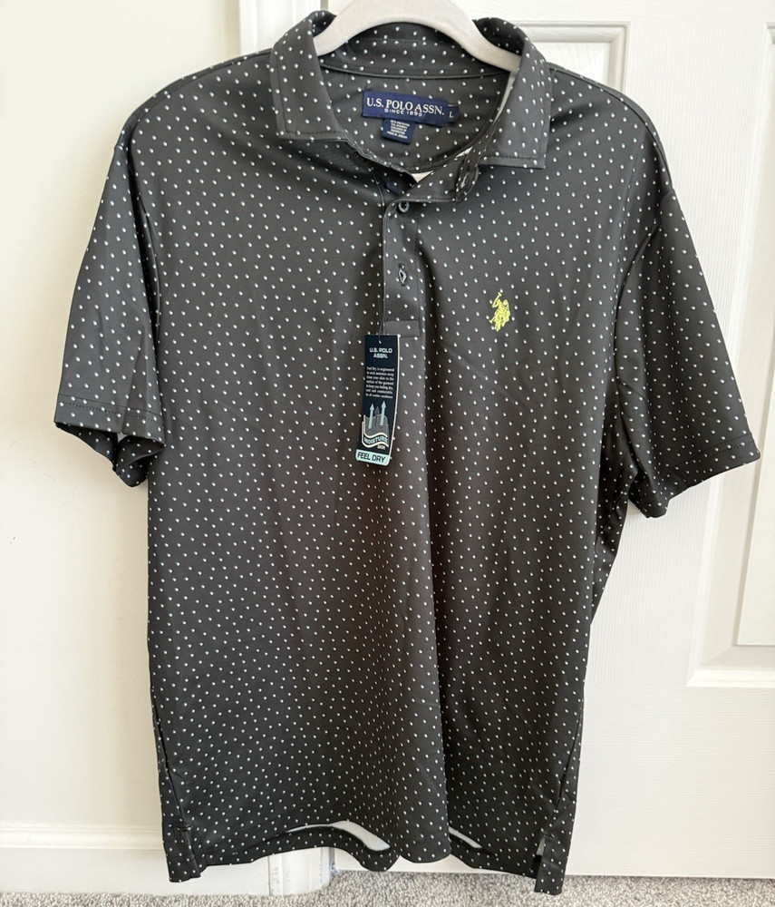 U.S. Polo Assn. Feel Dry Men’s Polo L Black Polka Dot Short Sleeve Moisture