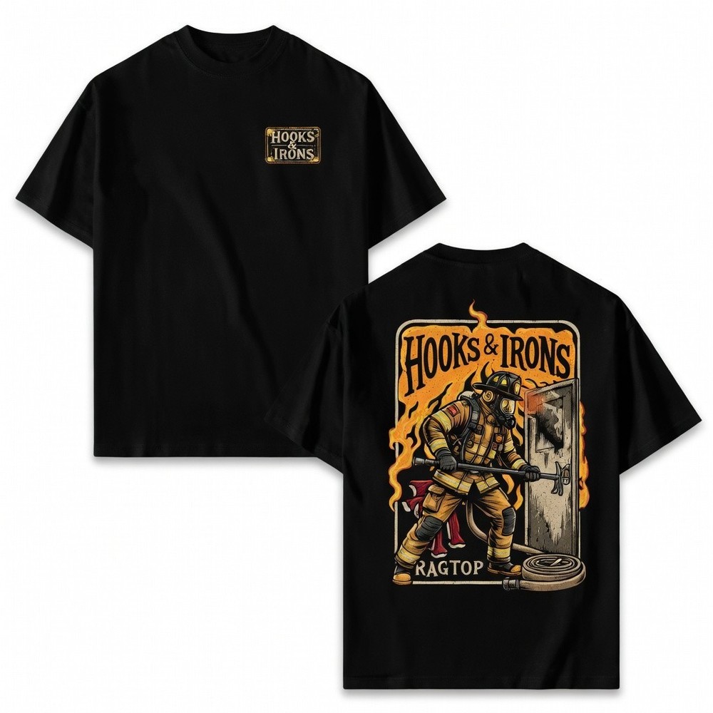 Ragtop Hooks & Irons Firefighter Double Sided Vintage Fireman Graphic T-Shirt