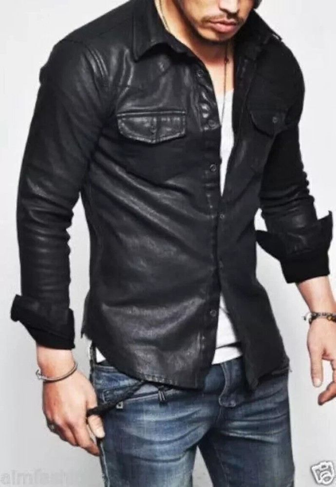 Authentic Handmade Men’s Black Leather Shirt Real Lambskin Stylish Casual Shirt
