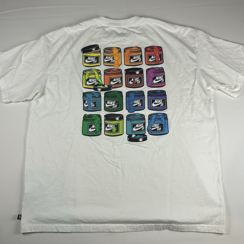 Nike SB Men Shirt Size Large White Graphic Print Paint Cans Logo Loose Fit