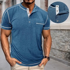 Men Short Sleeve Solid Half Open Collar T-shirt Button Pullover Casual Tee