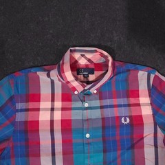 Fred Perry Button Down Shirt Large Multicolor Madras Plaid Short Sleeve Mod 60s