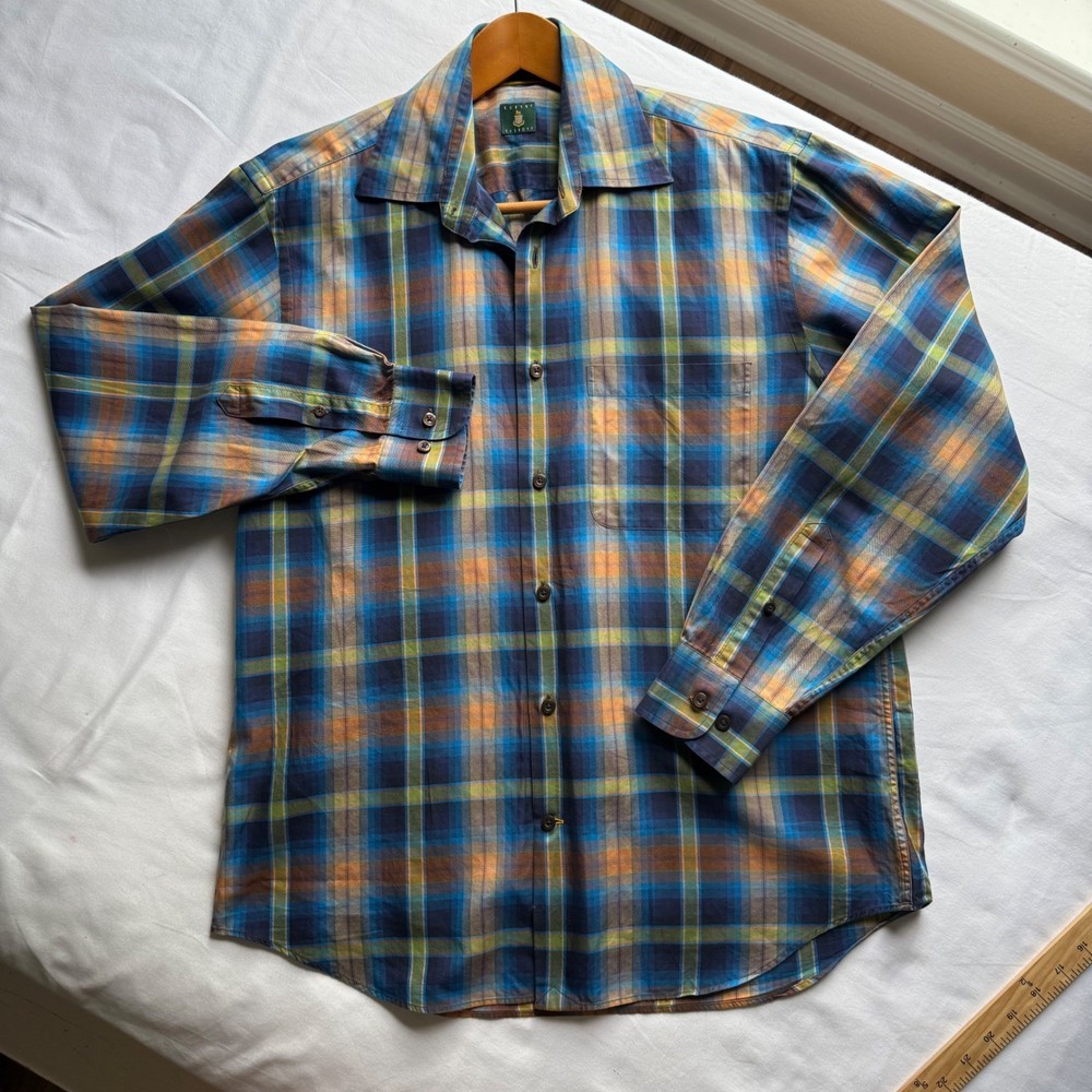Robert Talbott Mens Plaid Button Down Shirt Medium Cotton Event Party Holiday