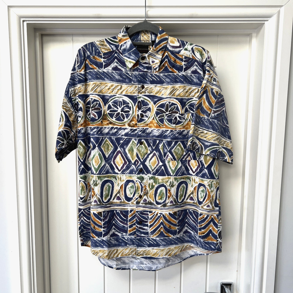Structure Shirt Mens Medium Multicoloured Abstract Hawaii Button Up Short Sleeve