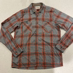 Simms Button Up Shirt Men’s Medium Plaid Grey Orange Polyester Tencel