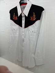 New Men’s ELY Diamond White Fire Design Long Sleeve Pearl Snap Large AA-15