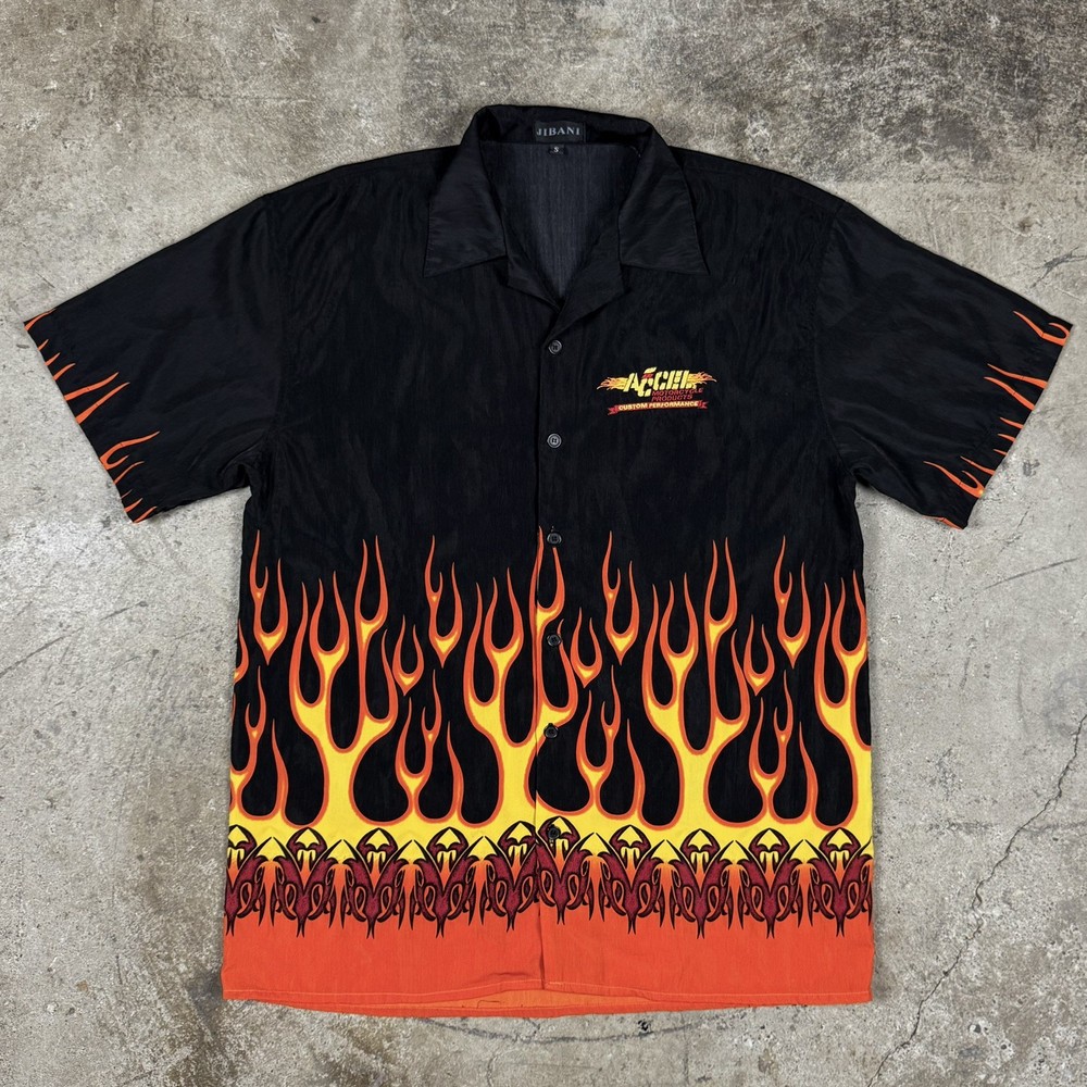 Vintage Motorcycle Performance Button Up Shirt Flames Collared Black Size Large