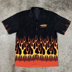 Vintage Motorcycle Performance Button Up Shirt Flames Collared Black Size Large