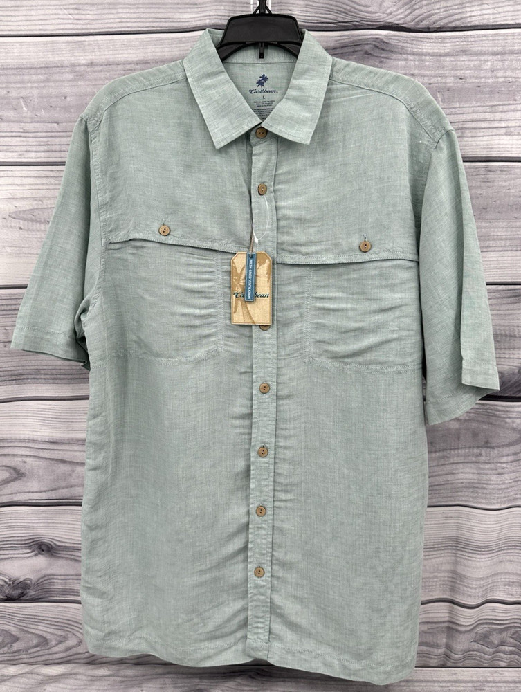 CARIBBEAN LINEN BLEND BUTTON FRONT VENTED FISHING SHIRT Men’s Size Large GREEN