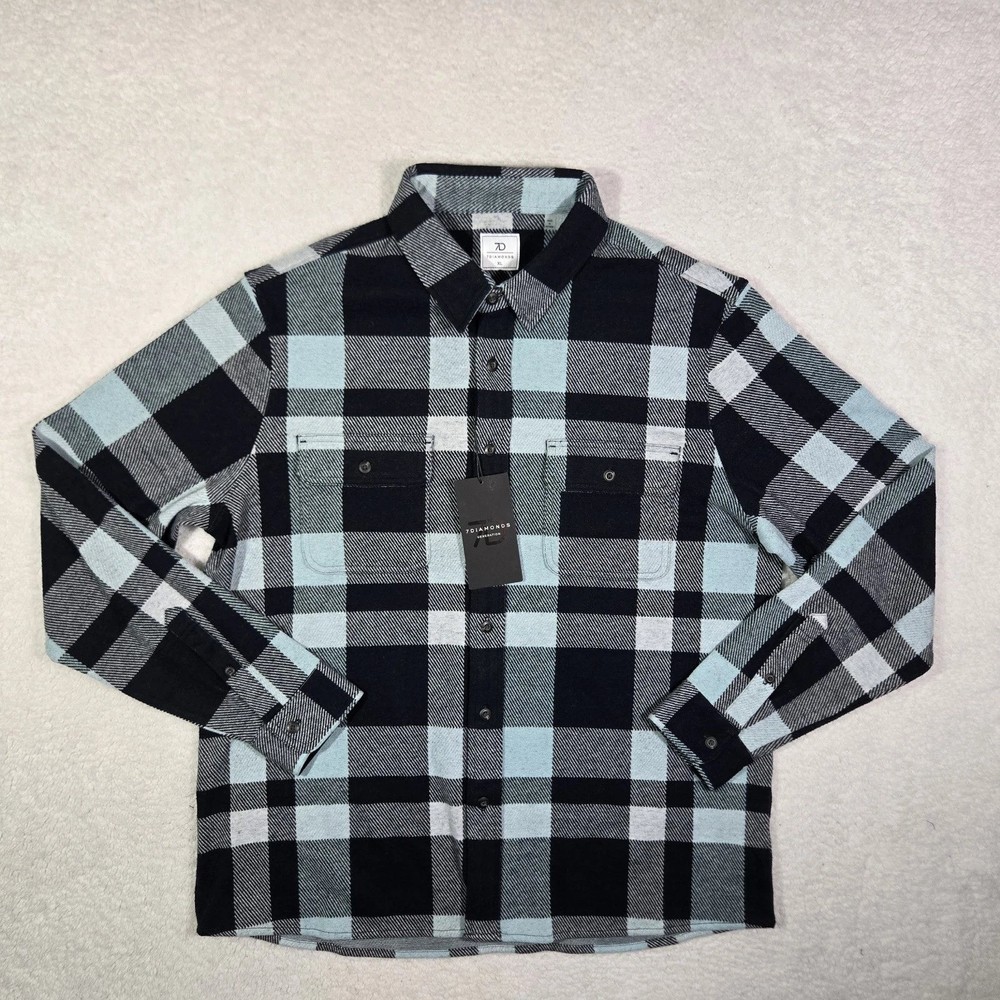 7Diamonds Generation Soft Flannel Shirt XL Blue Navy Plaid 4-Way Stretch /#26798