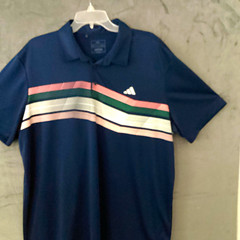 adidas Men’s Navy Striped Logo Button Collared Short Sleeve Polo Shirt, 2XL