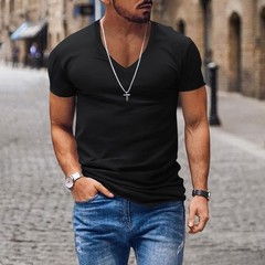 Summer men’s V-neck solid color thin casual T-shirt short sleeve top