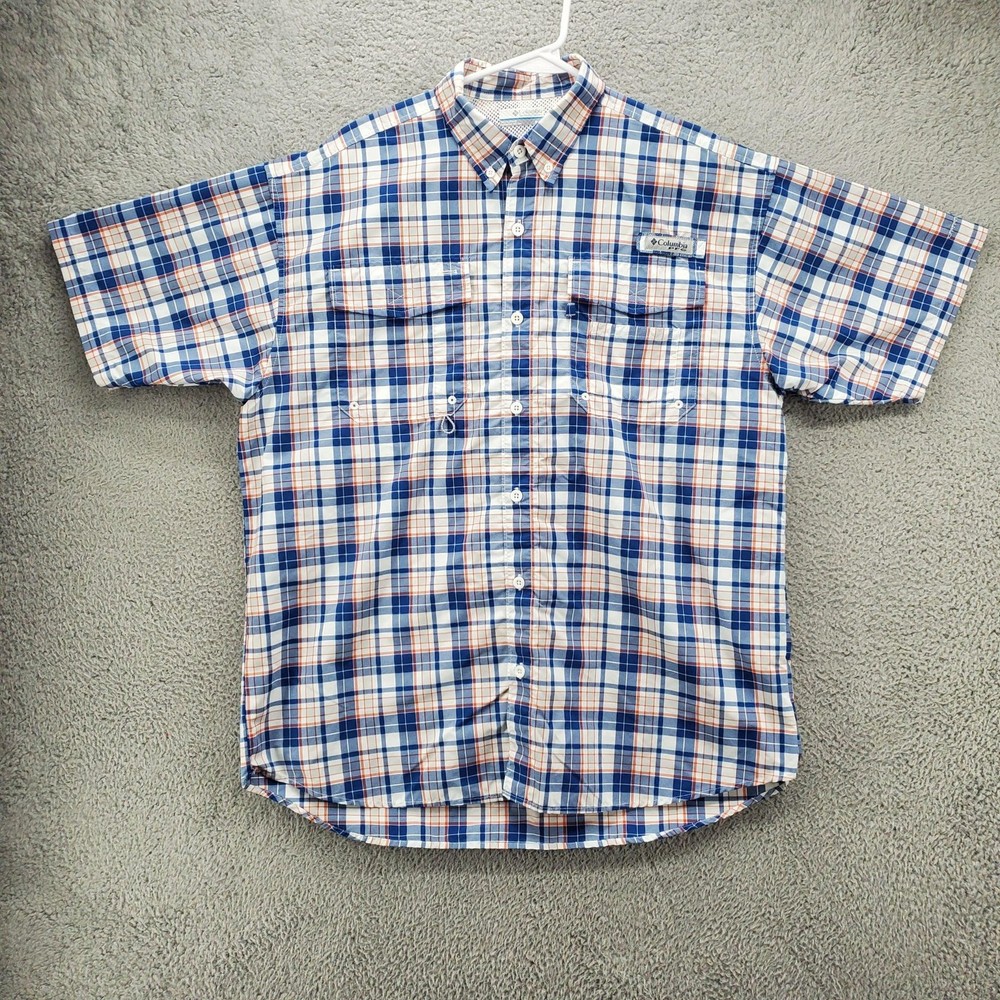 Columbia PFG Shirt Mens Medium Blue Short Sleeve Button Up Omni Shade Fishing
